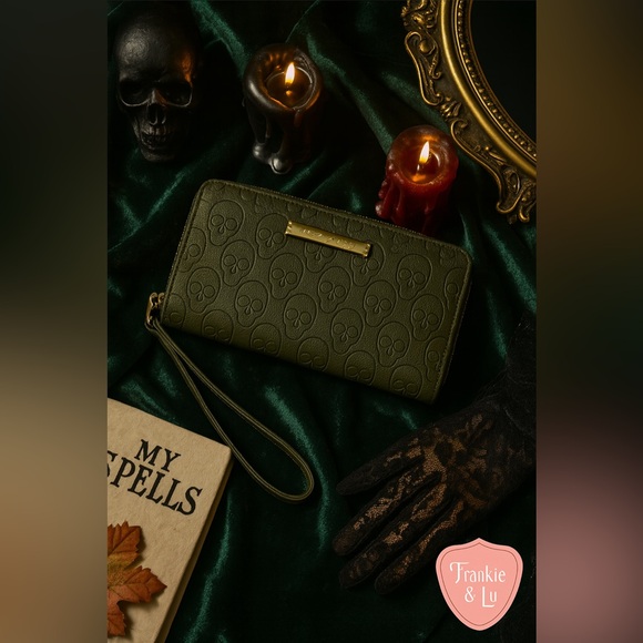 Betsey Johnson Handbags - Betsey Johnson Embossed Skull Wallet Army Green Zip Around Wristlet NWT